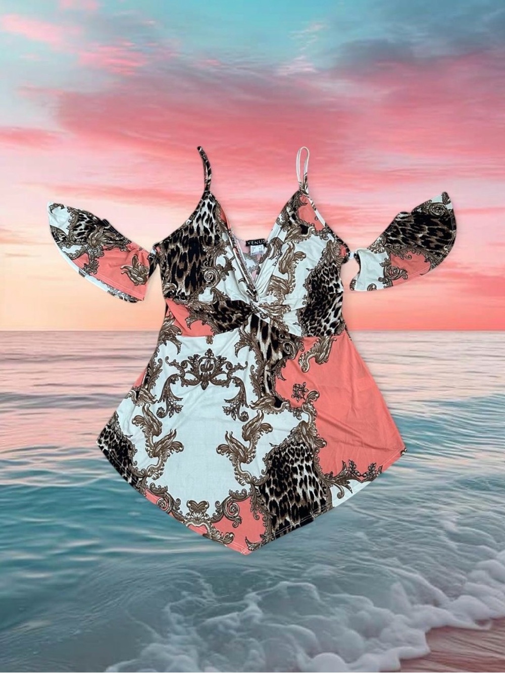 VENUS Pink & Cream Baroque Twist-Front Off-the-Shoulder Top